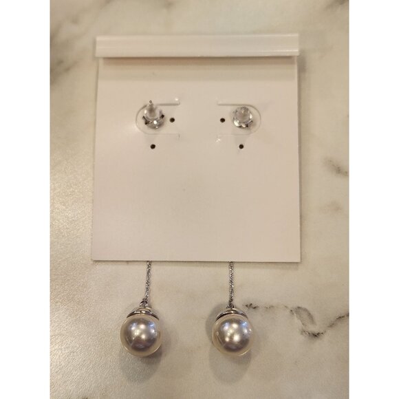 Sterling Silver Faux Pearl Drop Earrings With Sparkling CZ Studs - Picture 3 of 5